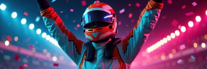 Exciting NASCAR celebration with a jubilant driver raising their arms amid vibrant lights and confetti. Perfect for motorsports, racing events, and promotional materials.