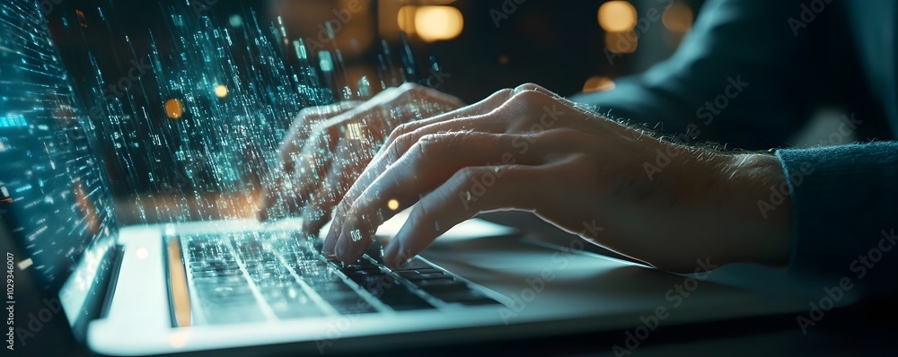 Poster hands typing on a laptop keyboard with a digital data effect, symbolizing technology, innovation, an