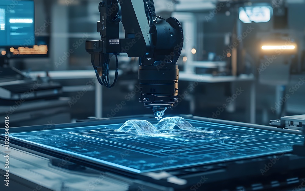 Poster high-tech robotic arm working on a transparent surface, showcasing advanced technology in a modern l