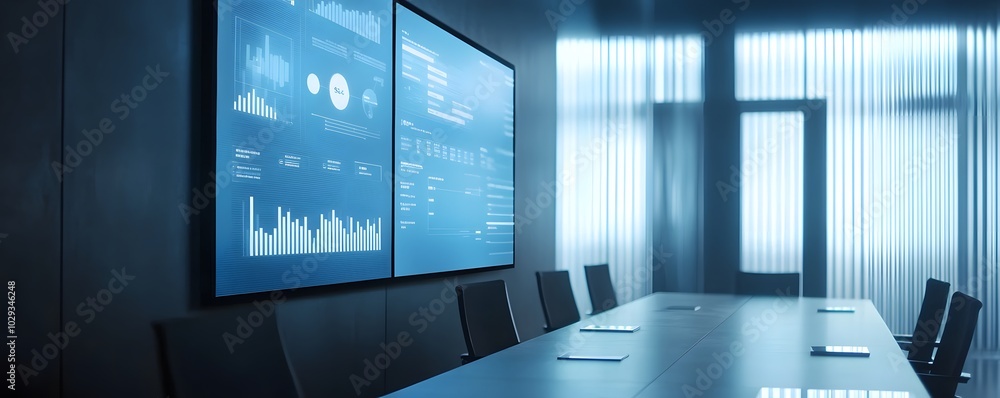 Poster modern conference room with digital screens displaying data analytics and insights, ideal for corpor