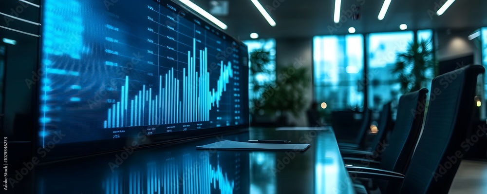 Poster modern office with digital graph on screen, showcasing dynamic data analysis and insights in a profe
