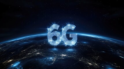 Global connectivity theme with satellite signals forming the 6G symbol
