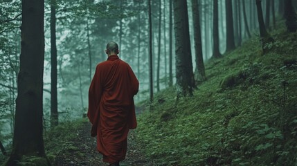 A tranquil monk wanders through a misty forest path embracing the serenity of nature