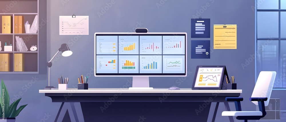Poster modern workspace featuring a computer monitor displaying data graphs, a lamp, and a clean desk for p