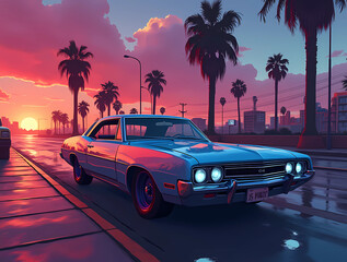 Nostalgisches Auto vor Sonnenuntergang in urbaner Umgebung in Miami, vice city