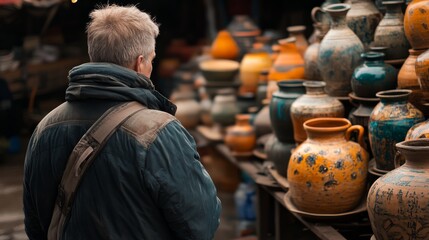 A person admires vibrant traditional pottery at a lively craft market