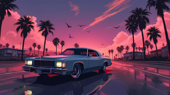 Nostalgisches Auto vor Sonnenuntergang in urbaner Umgebung in Miami, vice city