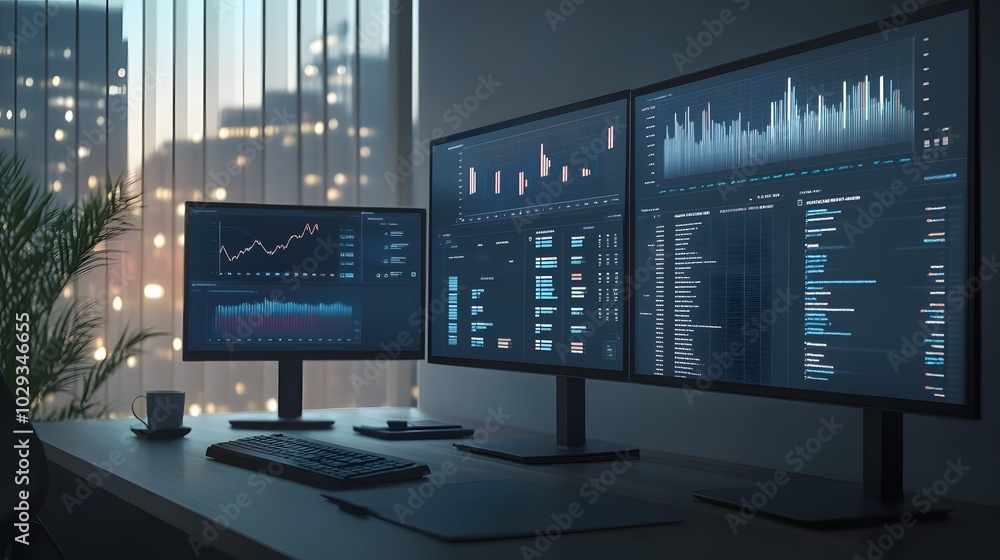 Poster modern workspace with multiple monitors displaying data analysis and financial graphs during dusk, i