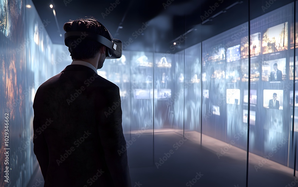 Poster person enjoying virtual reality experience in an immersive digital environment with interactive disp