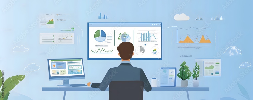 Poster professional workspace with a focus on data analysis and visualization using multiple screens and mo