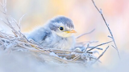 Fototapeta premium Bird on snow-covered branch in ice-filled tree