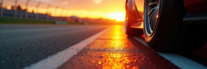 A striking close-up of a NASCAR tire on the racetrack at sunset, capturing the essence of speed and adrenaline in motorsport.