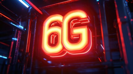 Glowing neon lights forming the 6G emblem against a dark background