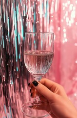 a woman's hand is holding a glass of champagne against shiny pink and silver background