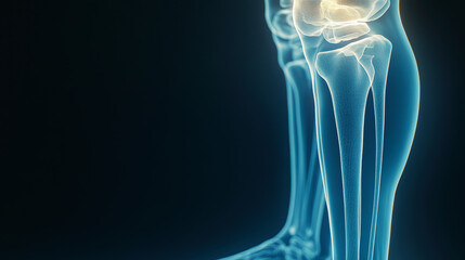 X-ray side view of human legs and knees, highlighting the bones and joint areas, set against a dark background.