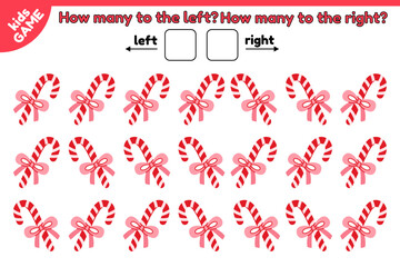 Christmas kids math counting game. How many striped candy canes is tilted to the left and how many to the right. Count, write answer. Vector Xmas illustration. Activities book for education children.