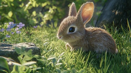 Fototapeta premium A tiny bunny nuzzled in tall grass near a towering oak, adorned by blooms on its ears