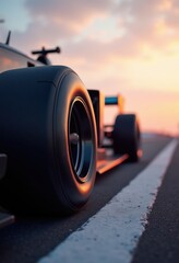 Fototapeta premium A dynamic close-up of a NASCAR race car tire at sunset, symbolizing speed, power, and excitement in motorsport.