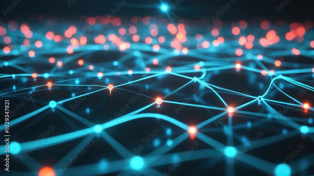 Poster glowing nodes linked by dynamic lines, symbolizing the rapid advancement of digital connectivity.
