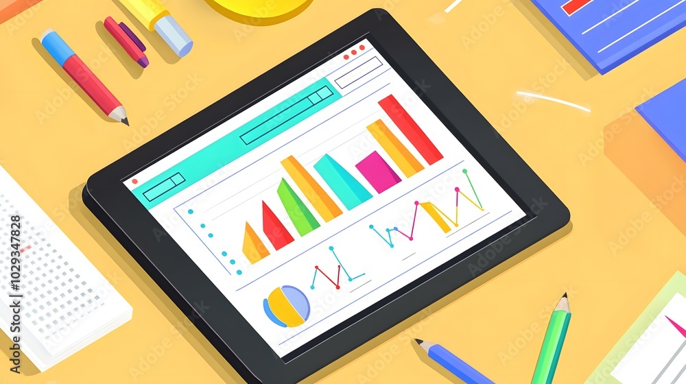 Poster vibrant digital analytics display on a tablet showcasing colorful graphs and charts for data analysi