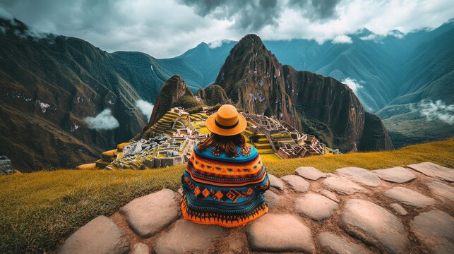 In traditional attire one admires the majesty of Machu Picchu in nature - Powered by Adobe