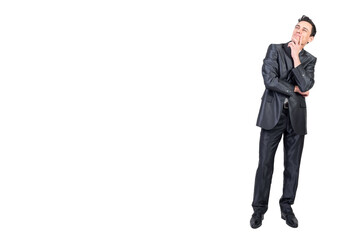 Thoughtful smiling businessman in studio. White background.