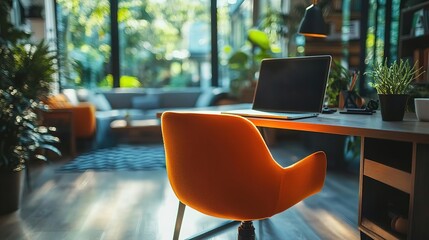 Bright home office featuring an orange chair, laptop, and lush greenery that inspires productivity and creativity.