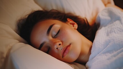 A young woman peacefully sleeping in a cozy bed surrounded by soft pillows and white bedding in a serene bedroom setting