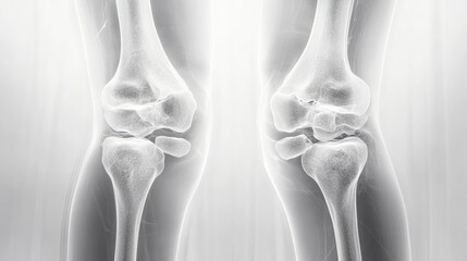 X-ray image of human knee joints showcasing bone structure, highlighting the femur, tibia, and fibula. Useful in diagnosing joint issues or evaluating health.