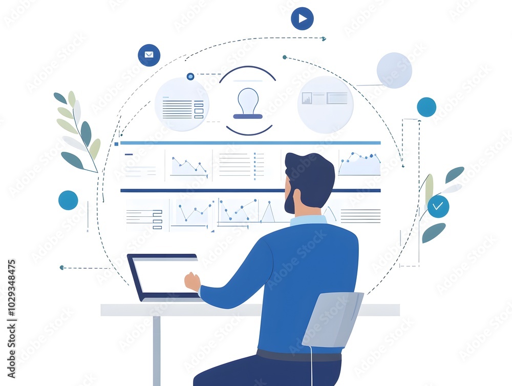 Poster a businessman analyzing data on a laptop, surrounded by charts and graphs, representing digital anal
