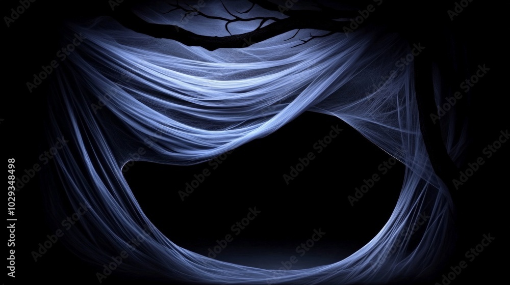Poster mystical veil: a dark, moody scene with a veil of fabric gracefully cascading over a tree branch, cr