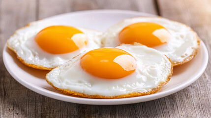 Three perfectly cooked sunny-side-up eggs sit atop a white plate, their yolks golden and vibrant, surrounded by crispy, slightly browned egg whites.