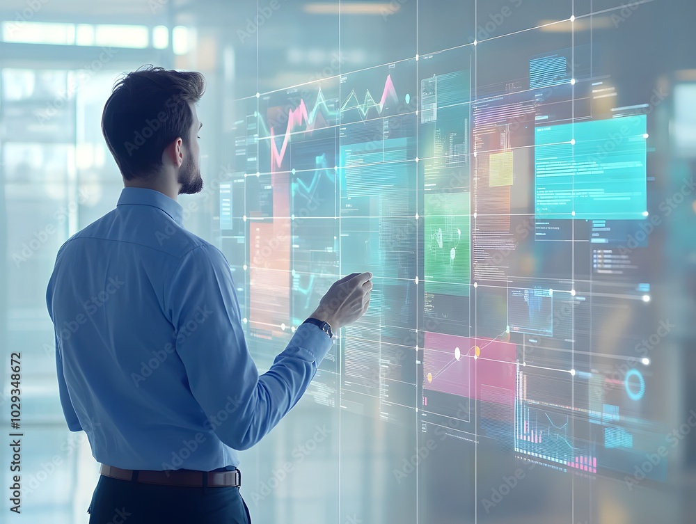 Poster a businessman interacting with futuristic data visualization on a transparent screen in a modern off