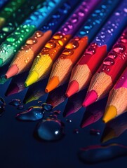 Obraz premium Vibrant Rainbow Colored Pencils with Raindrops