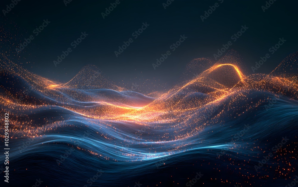 Poster a captivating abstract representation of swirling waves illuminated by glowing lights, creating a me