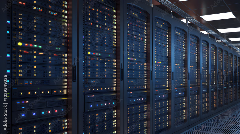 Poster the heart of the digital world: a row of powerful server racks hum with activity, their blinking lig