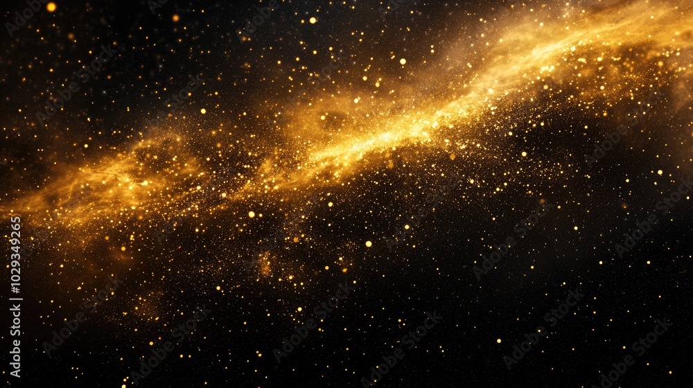 Poster golden stardust floating through the black expanse, creating a mesmerizing and magical celestial eff