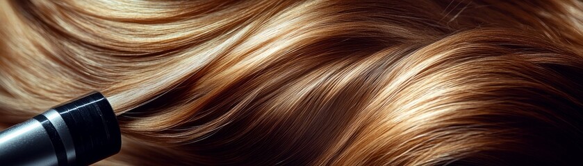 Fototapeta premium Close-Up Curling Iron Styling Golden Brown Hair, Emphasizing Beauty and Texture