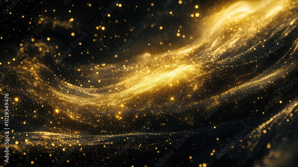 Poster golden stardust swirling through a deep black void, creating an enchanting celestial display
