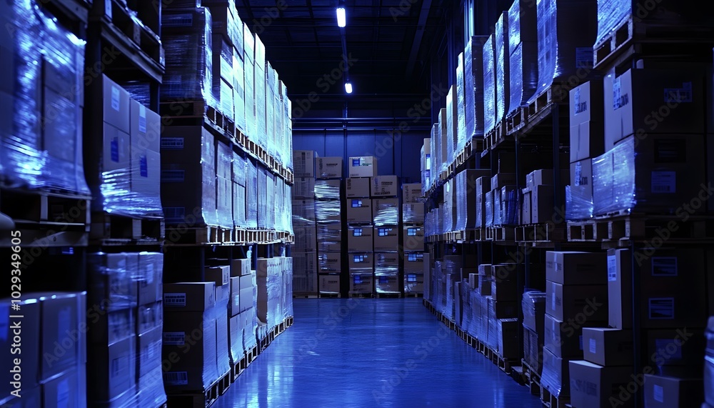 Poster a dimly lit warehouse showcasing rows of stacked pallets and boxes, creating a sense of depth and st