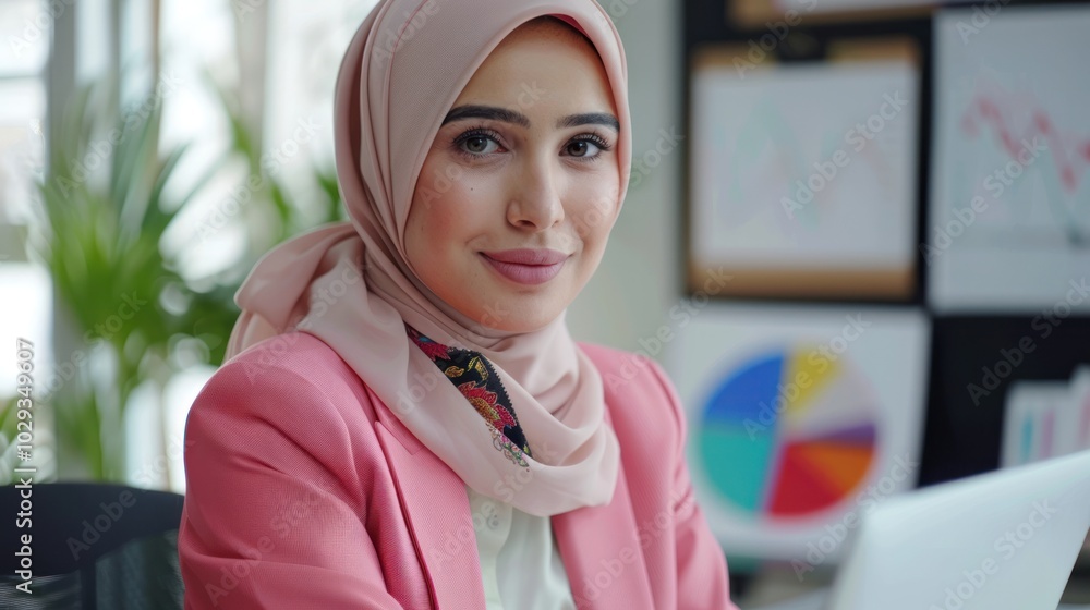 Sticker Portrait of a smiling Muslim woman in a pink blazer and headscarf