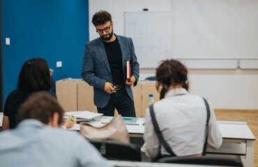 A professor helps students as they work on tasks in a classroom setting, promoting an interactive learning environment. The scene emphasizes education, collaboration, and support in an academic
