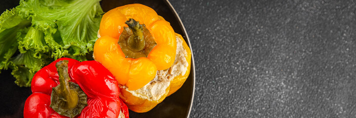 pepper stuffed meat and rice tasty food dish second course Fresh delicious gourmet food background...