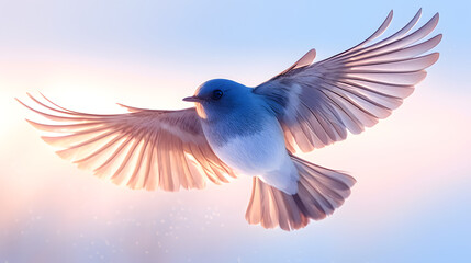 Fototapeta premium Realistic bird with extended wings, captured mid-flight in a serene sky.