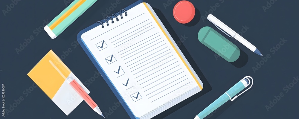 Poster a flat lay view of a checklist on a clipboard surrounded by various stationery items, perfect for pr