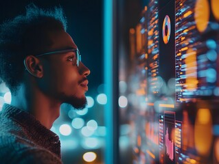 Naklejka premium A focused individual analyzes data visuals, immersed in a tech-driven environment, showcasing the essence of modern analysis.