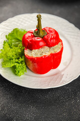 pepper stuffed meat and rice tasty food dish second course Fresh delicious gourmet food background on the table rustic food top view copy space top view