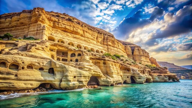 Vintage Style Photo of Sandstone Cliffs and Caves in Matala, Crete - A Historical Greek Island Treasure