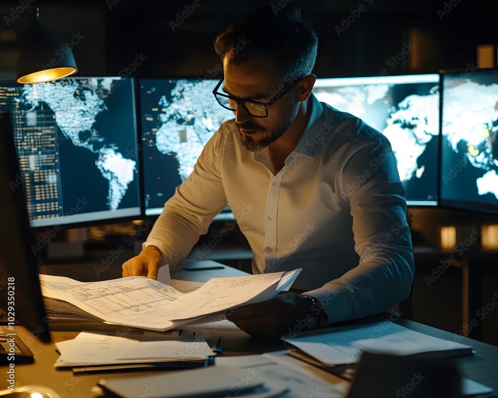 Poster a focused professional analyzes data in a modern workspace, surrounded by multiple screens and illum