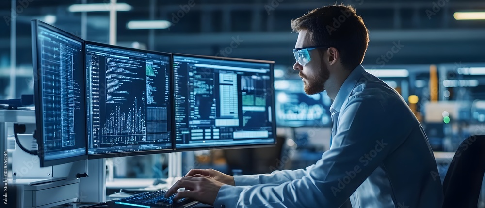 Poster a focused professional analyzes data on multiple screens in a modern workspace, showcasing advanced 